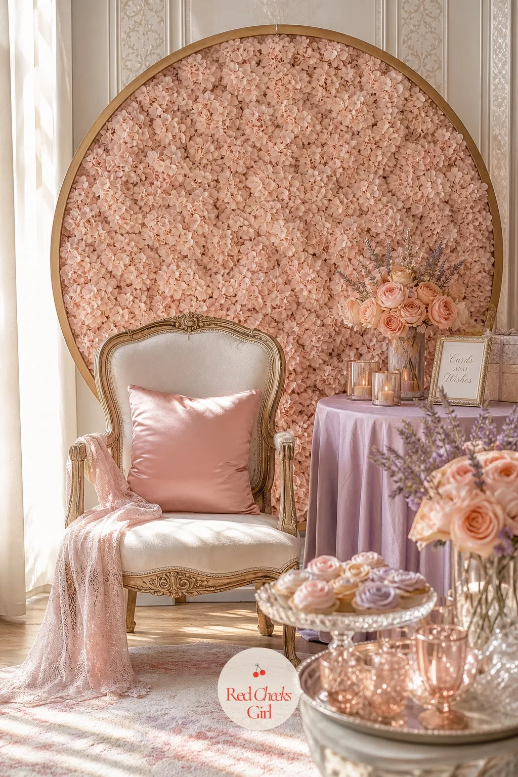 Hydrangea Wall Backdrop — One flower, repeated hundreds of times, reads as luxury even when every stem is faux. Bridal shower decorations