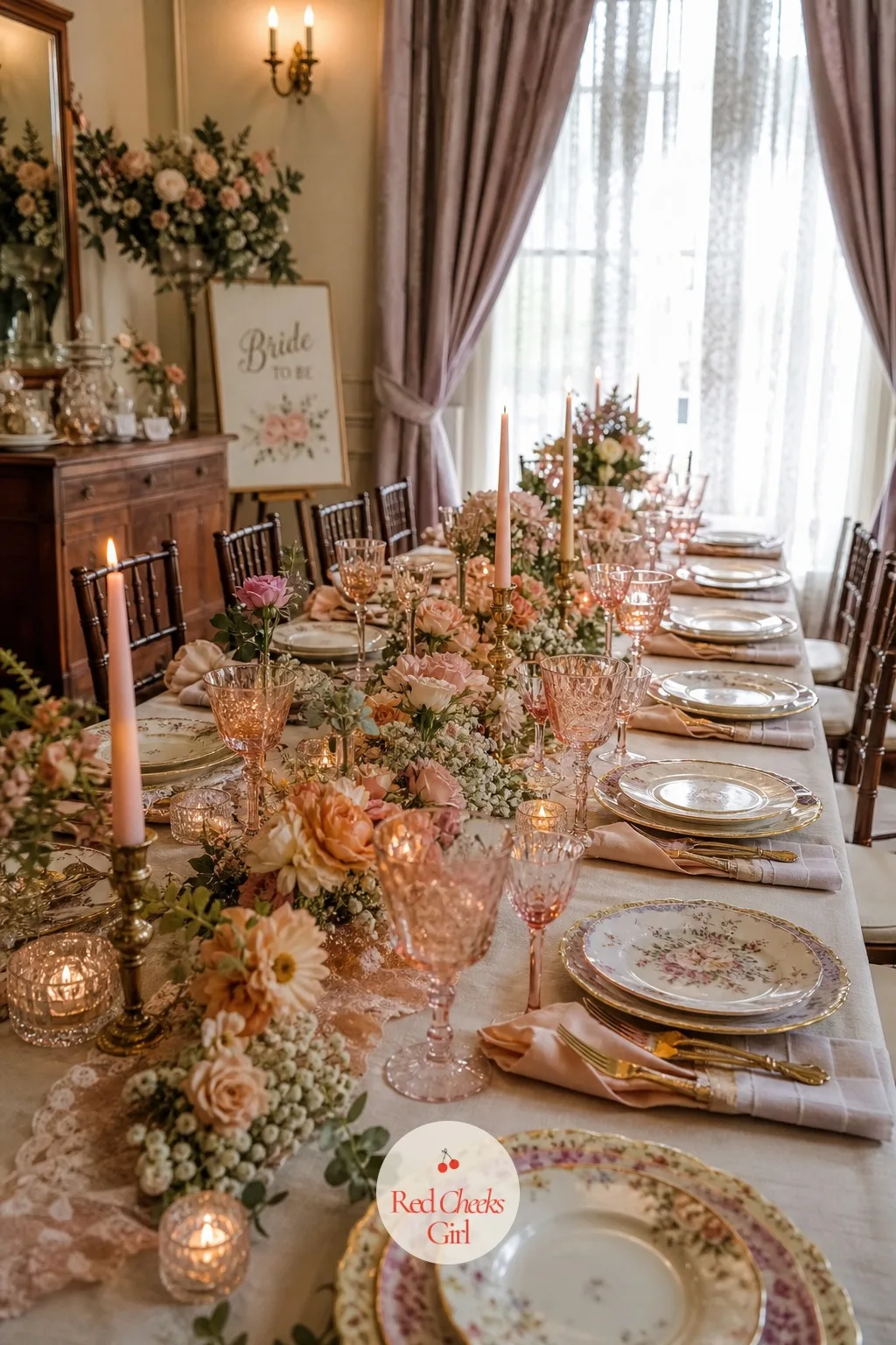 Mixed Vintage Plates with Peach Glassware — No two place settings matching is not a mistake here, it is the whole look, vintage floral and gilt-rimmed plates