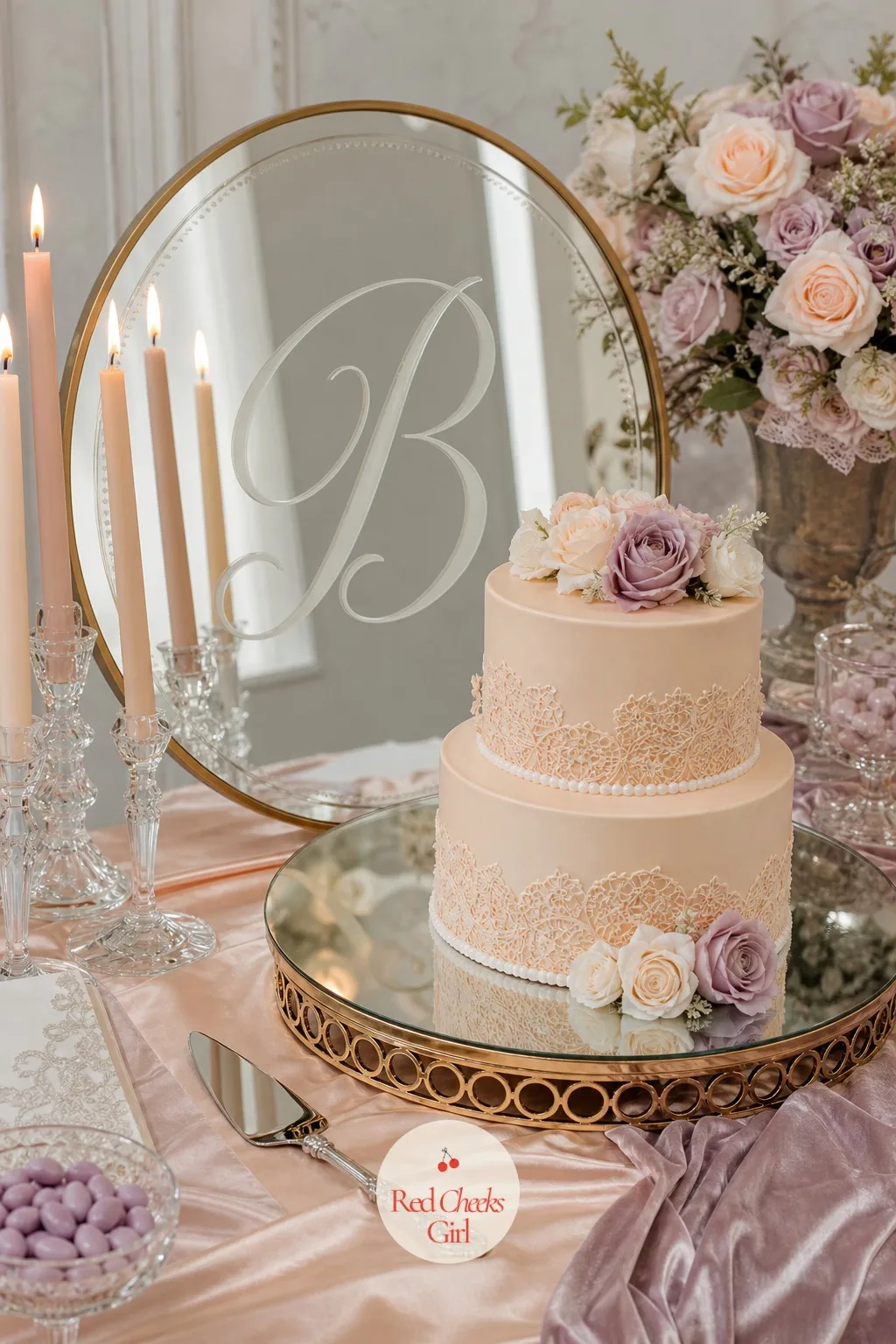 Monogram Mirror Cake Riser — Behind the cake, not under it, a round monogram mirror doubles the candlelight and gives the table a focal point beyond the cake