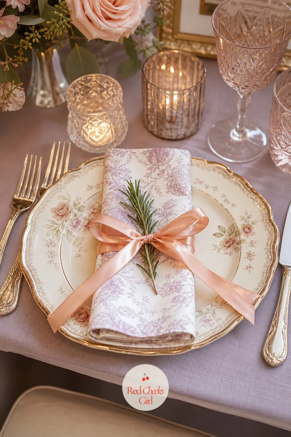 Napkins Tied with Ribbon and a Sprig — A folded napkin alone is just linen. Bridal shower decorations
