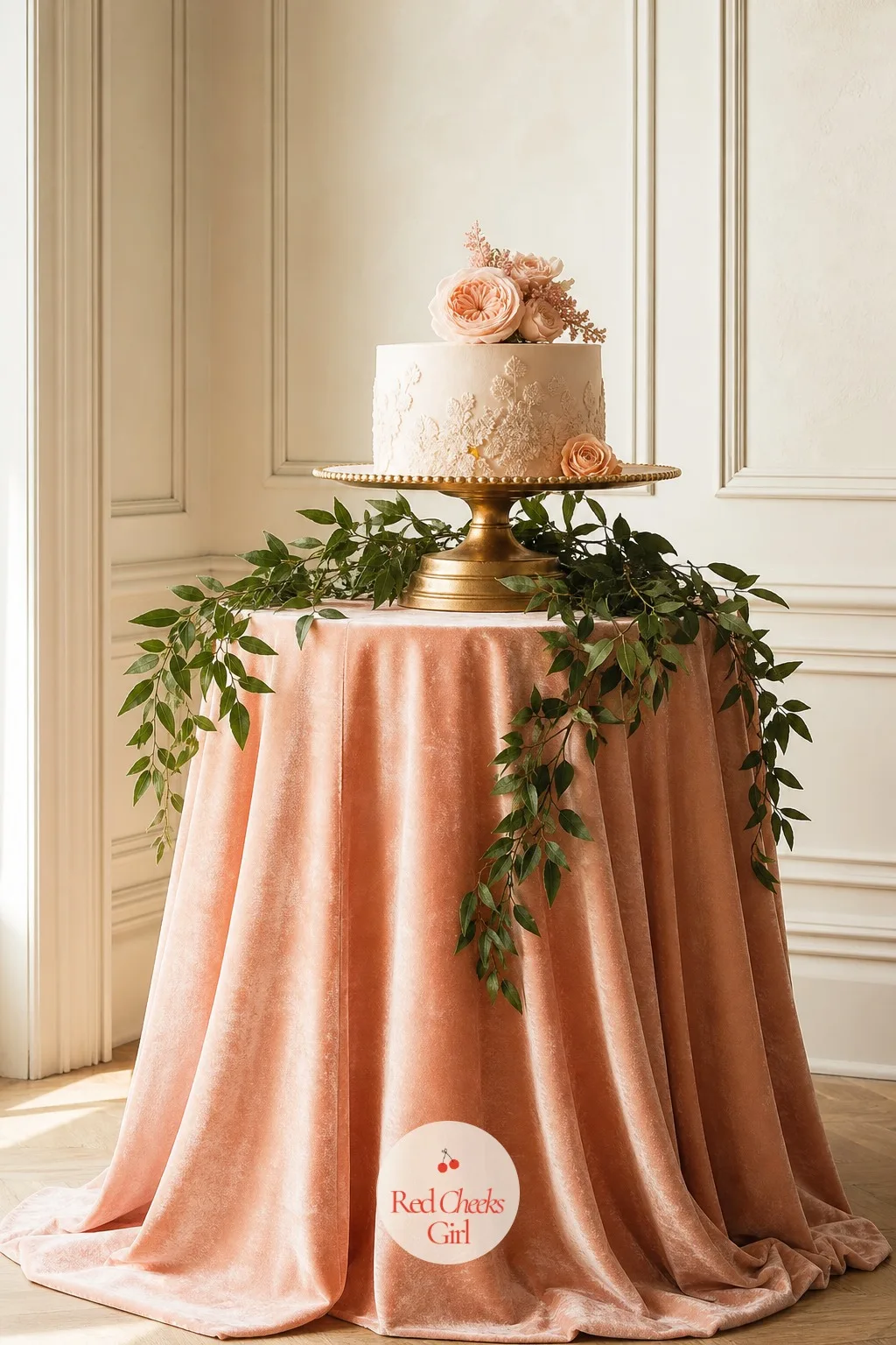 Peach Velvet Cloth with a Gold Cake Stand — Velvet changes the temperature of a whole table. Bridal shower decorations