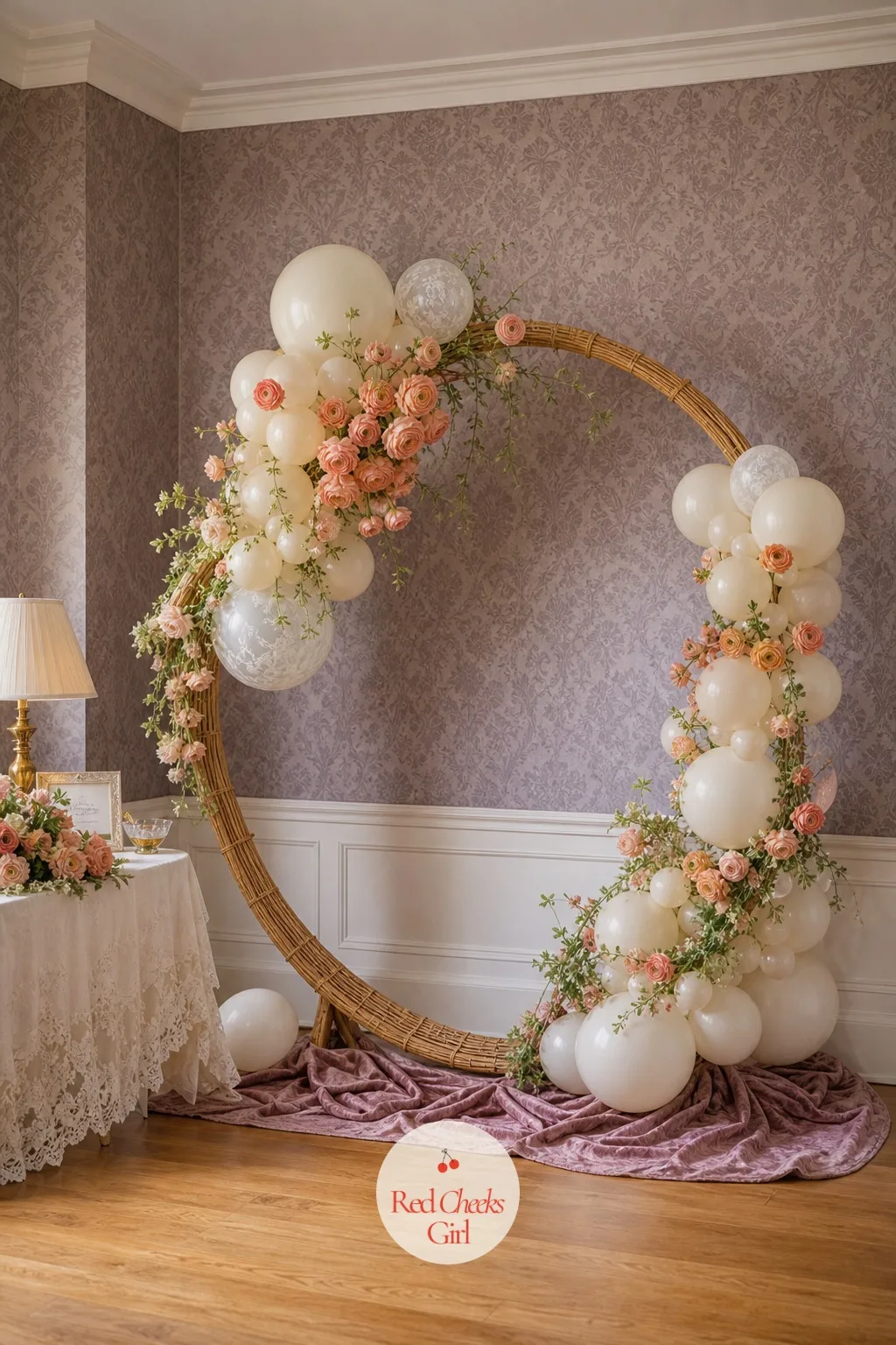 Rattan Arch Dressed with a Balloon and Floral Install — She walks in and this is what she sees first: a round rattan arch, half swallowed in ivory balloons and