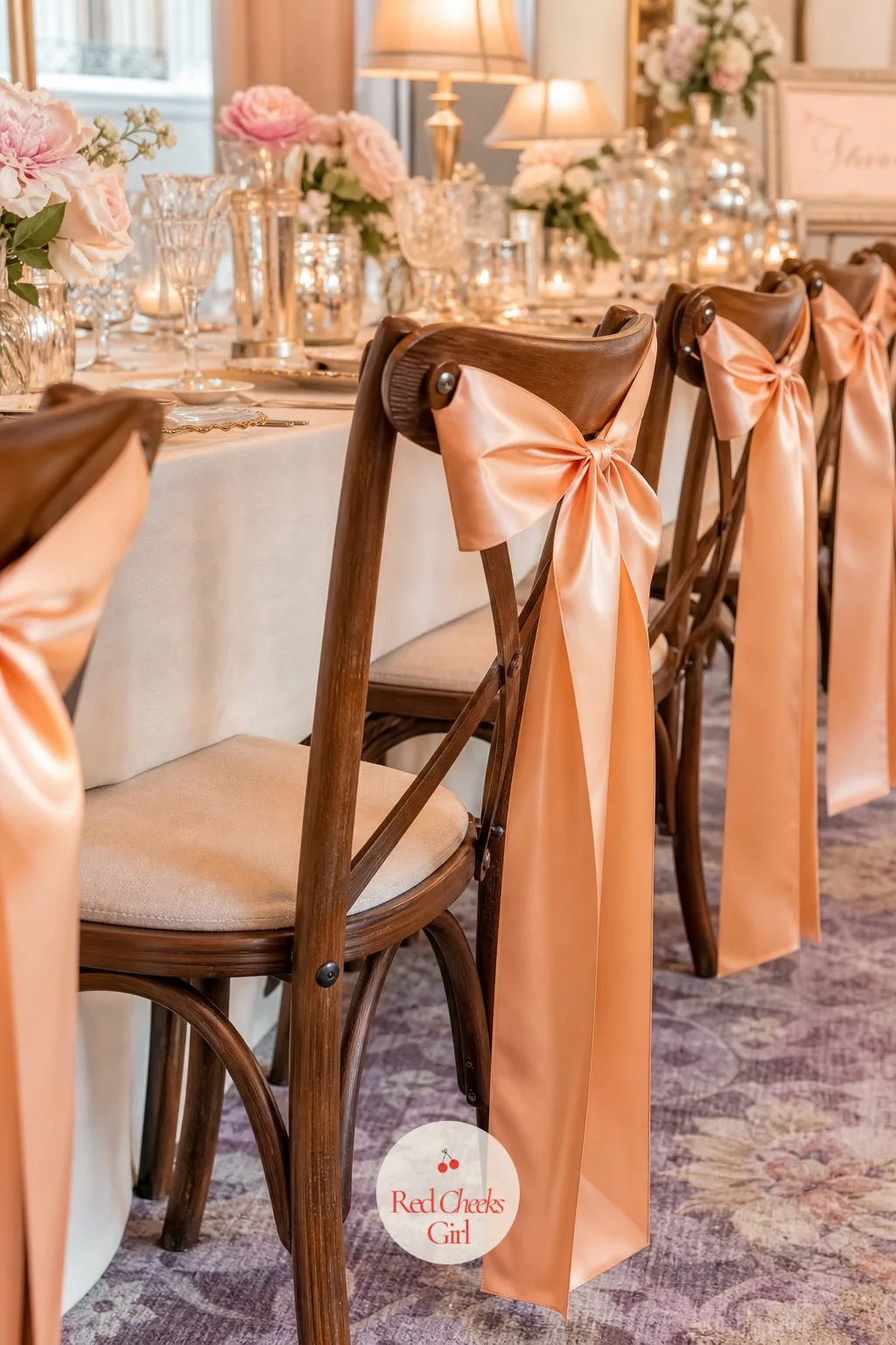 Ribbon Bows Tied to Chair Backs — Down the length of the guest table, a loose satin bow tied to every chair back turns ordinary dining chairs into something