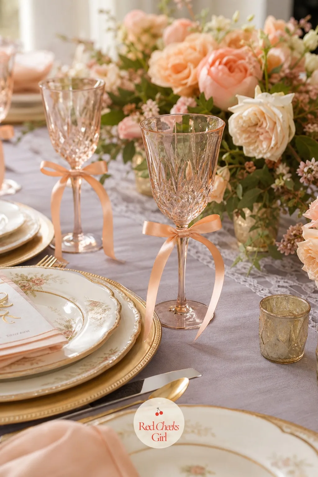 Ribbon Bows Tied to Stemware — The same loose bow from the chair backs, scaled down to the stem of a wine glass, ties the whole table together without adding a