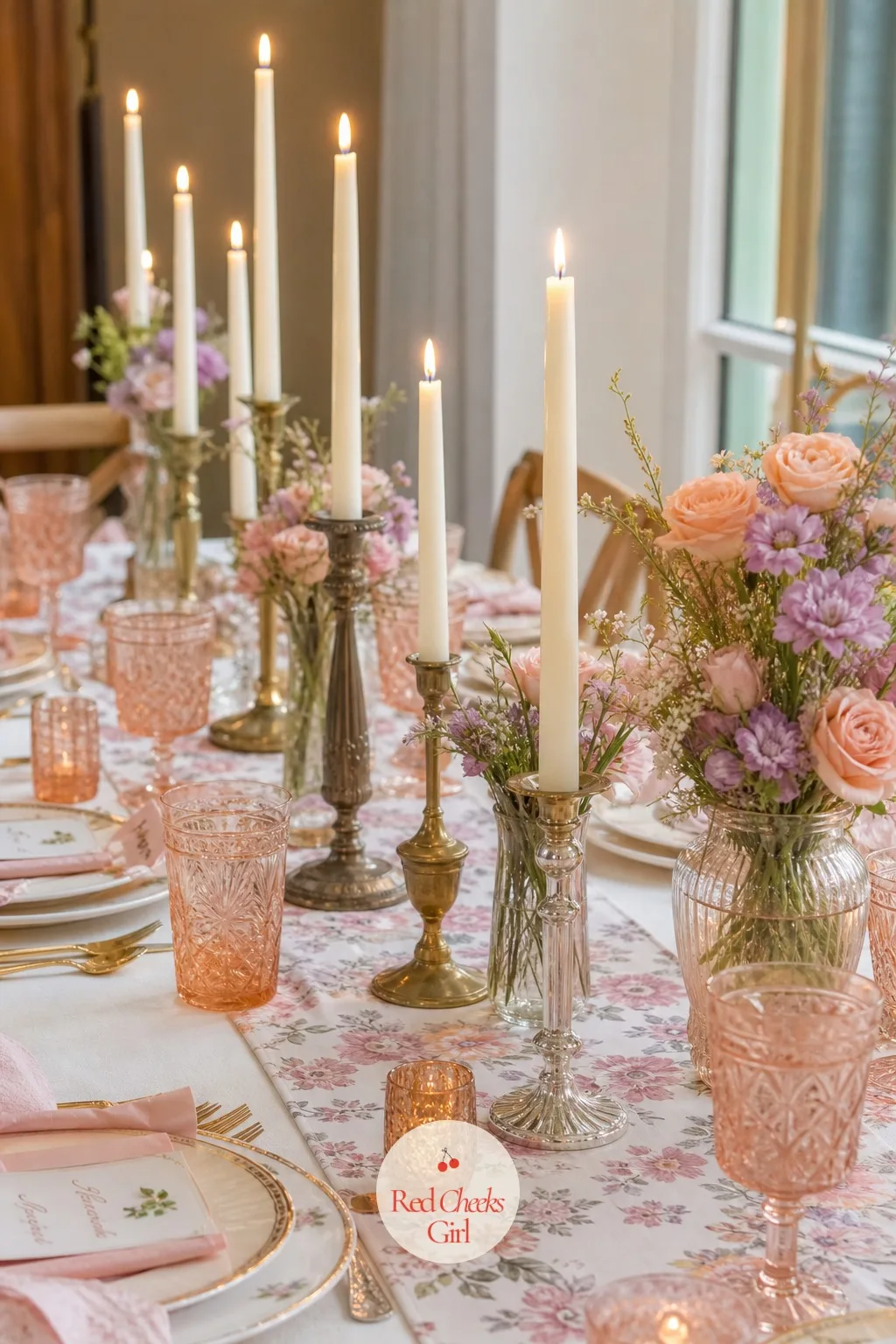 Taper Candles in Vintage Candlesticks — Down the table, a run of taper candles in mismatched vintage candlesticks does more for the mood after dark than almost
