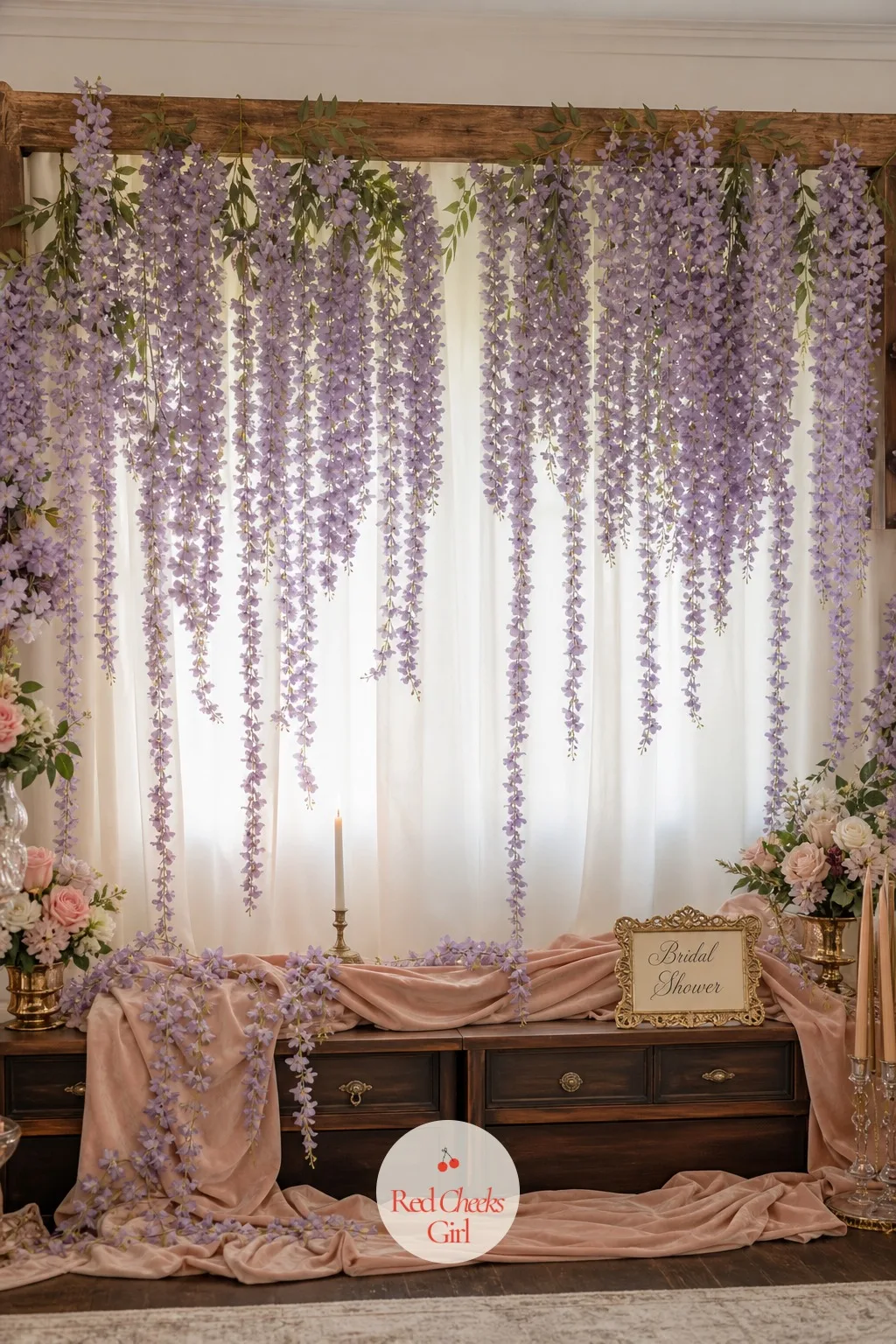 Wisteria Cascade Backdrop — Where the hydrangea wall is dense and flat, a wisteria cascade is all drop and movement, strand after strand of lilac blooms