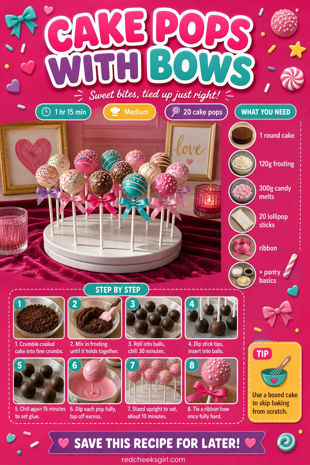 Cake Pops with Bows Recipe Card printable sheet. Bridal shower desserts