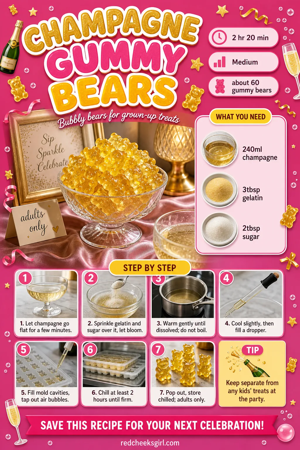 Champagne Gummy Bears Recipe Card printable sheet. Bridal shower desserts