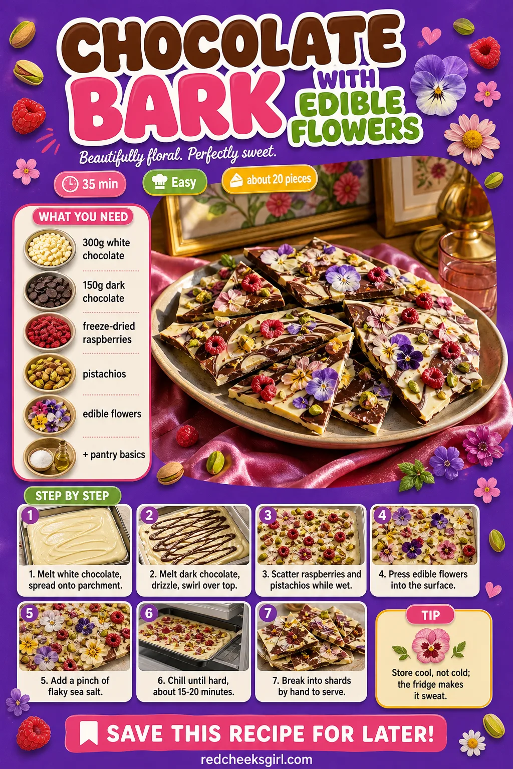 Chocolate Bark with Edible Flowers Recipe Card printable sheet. Bridal shower desserts