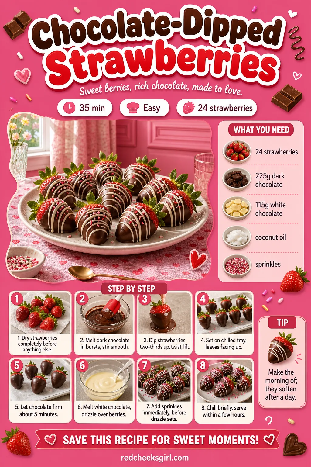 Chocolate-Dipped Strawberries Recipe Card printable sheet. Bridal shower desserts
