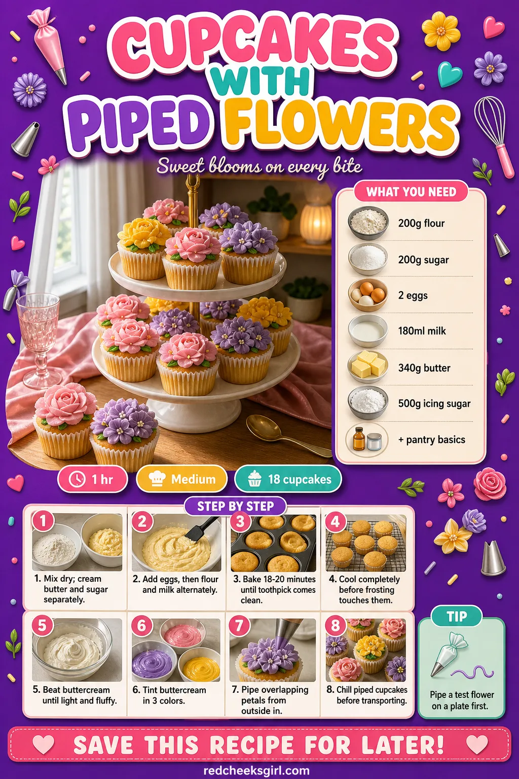 Cupcakes with Piped Flowers Recipe Card printable sheet. Bridal shower desserts
