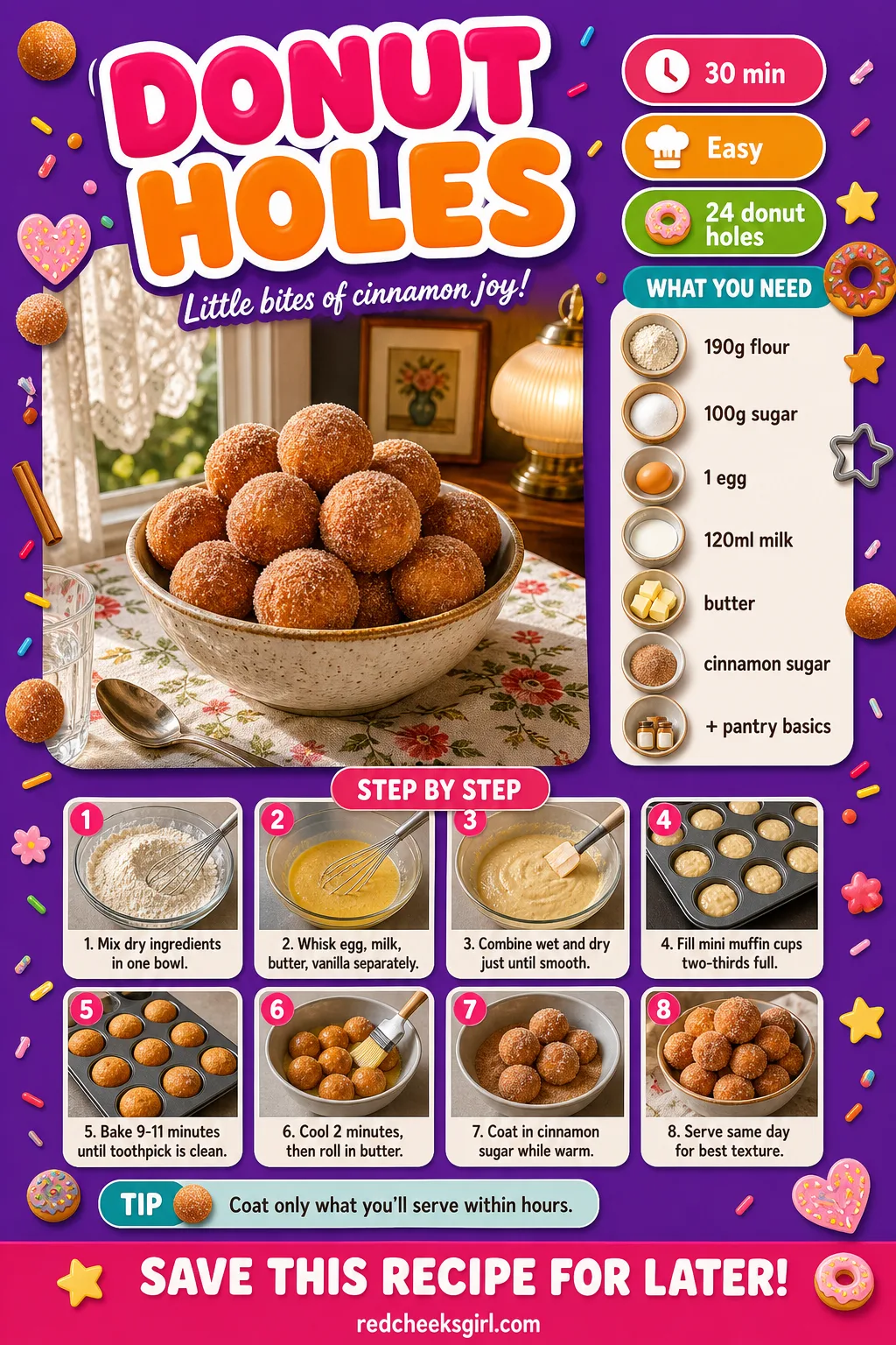 Donut Holes Recipe Card printable sheet. Bridal shower desserts