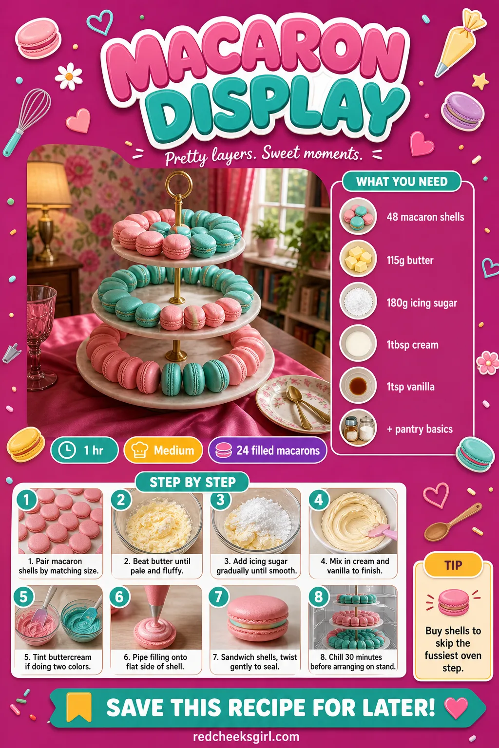 Macaron Display Recipe Card printable sheet. Bridal shower desserts