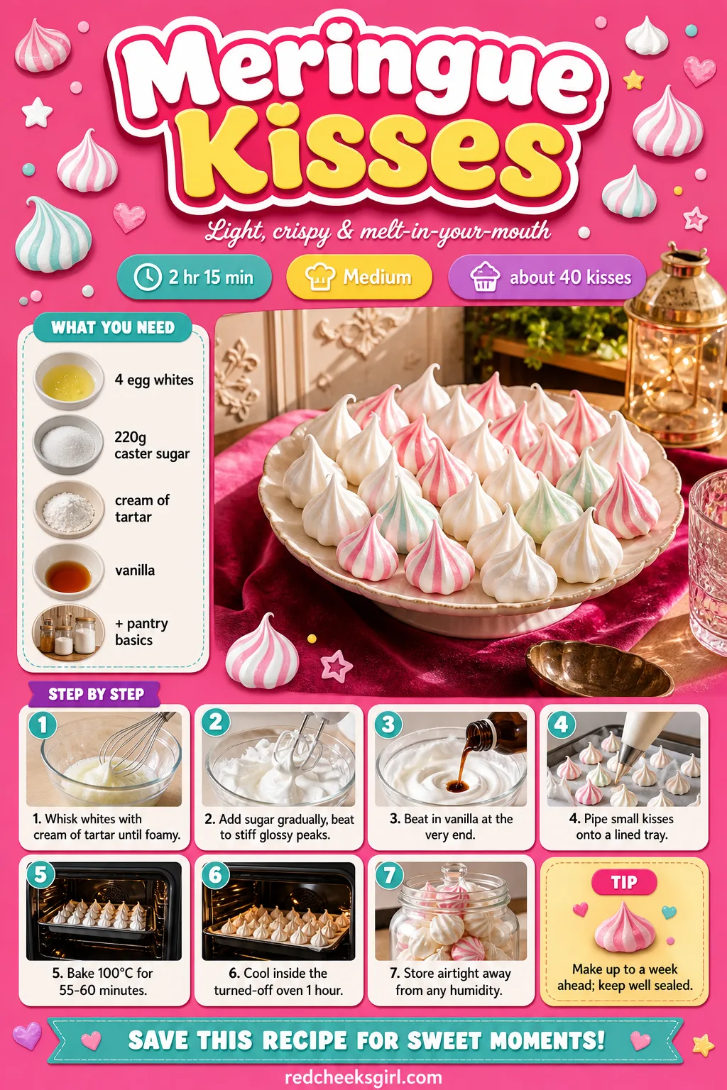 Meringue Kisses Recipe Card printable sheet. Bridal shower desserts