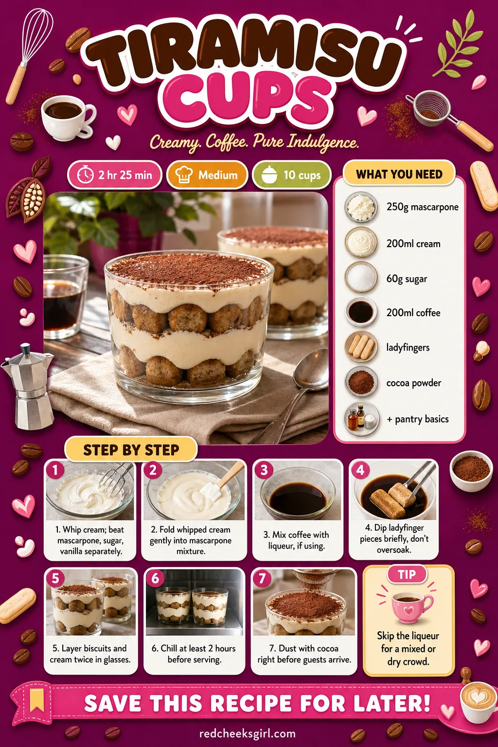 Tiramisu Cups Recipe Card printable sheet. Bridal shower desserts