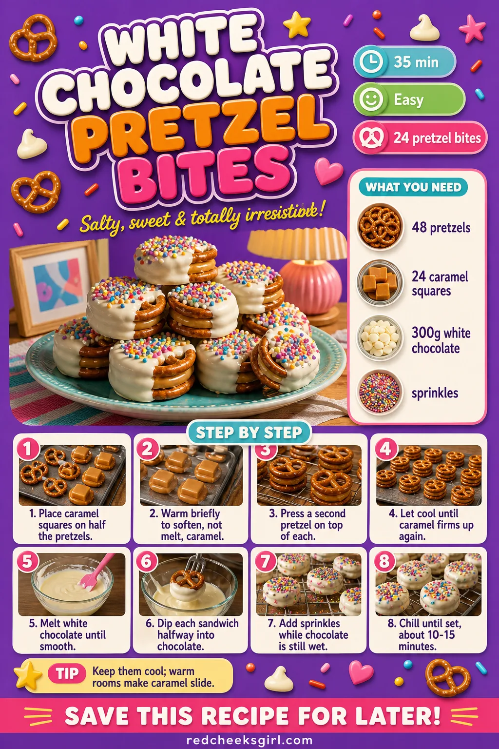 White Chocolate Pretzel Bites Recipe Card printable sheet. Bridal shower desserts