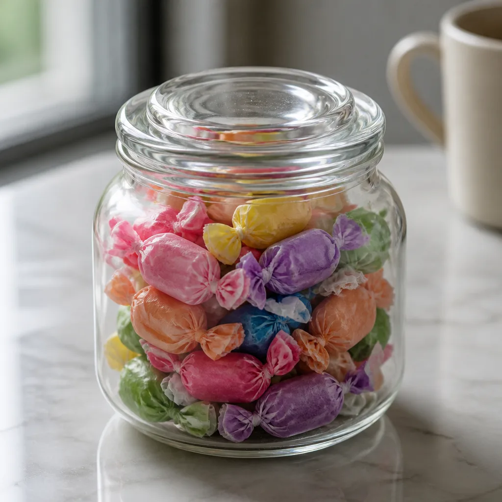 Candy Jars — A small jar of mixed candy sits well on a dessert table and travels just as easily in a tote afterward. Bridal shower favors
