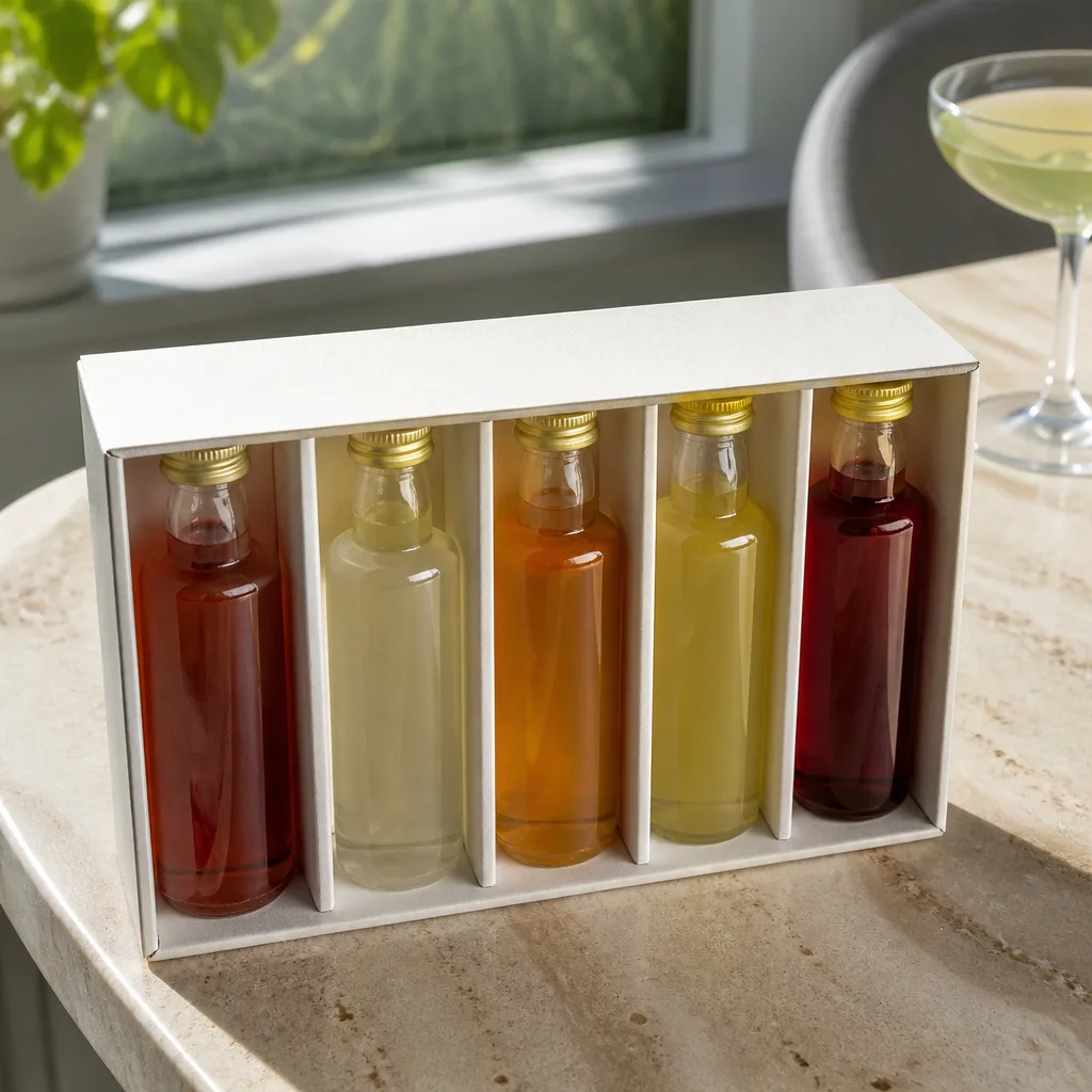 Mini Cocktail Kits — A single-serve kit, syrup, bitters, and a small recipe card, turns one favor into one small cocktail hour at home. Bridal shower favors