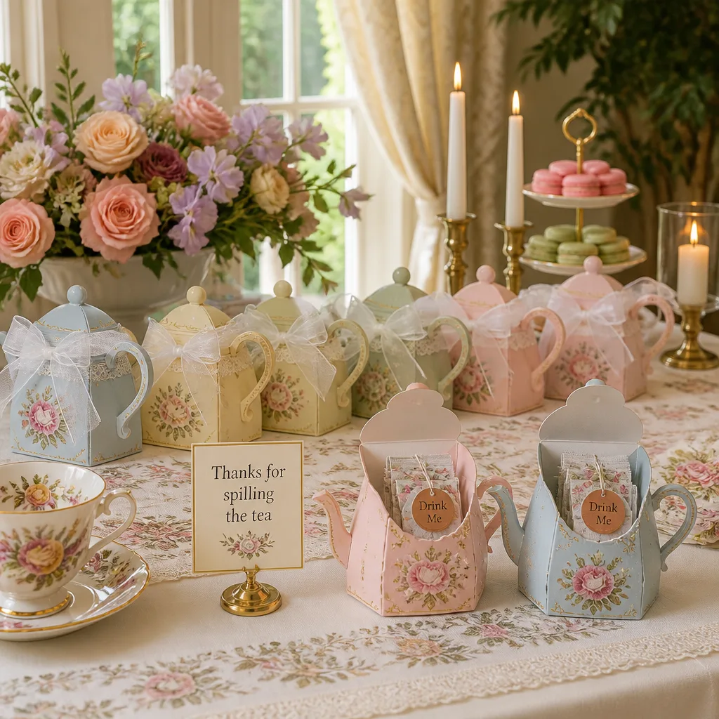 Tea Sachets with Tags — Little paper teapot boxes in soft blue, butter yellow, sage and blush, each tied with a sheer white ribbon and holding two wrapped tea
