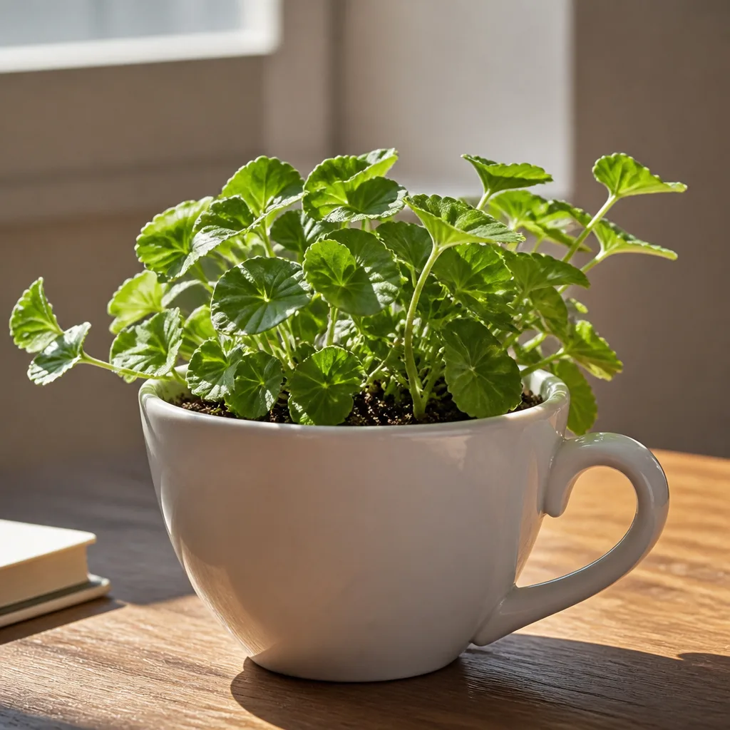 Teacup with a Mini Plant — An old teacup repotted with a tiny plant turns something that usually sits in a cupboard into something that sits on a desk instead.