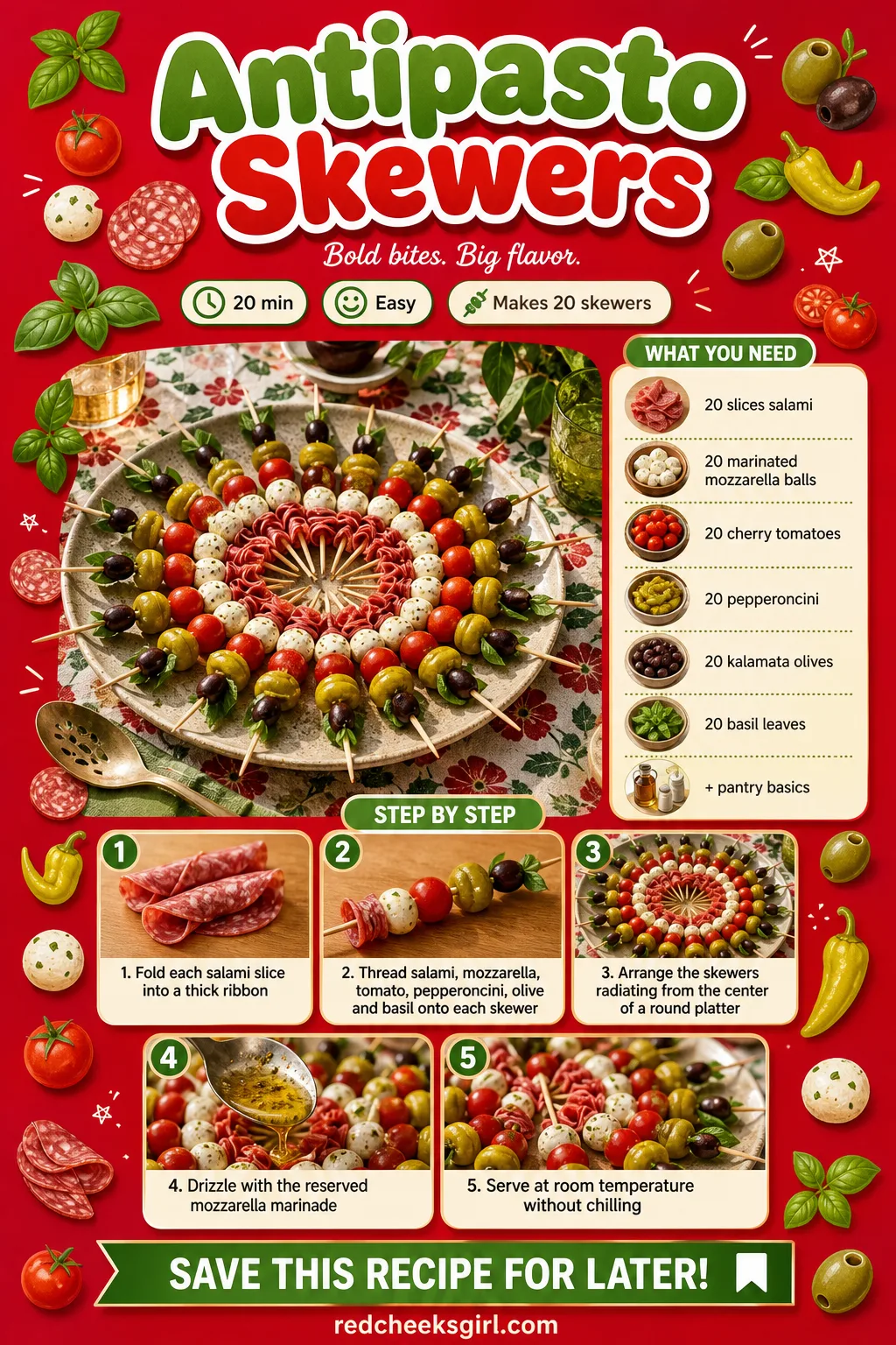 Antipasto Skewers Recipe Card printable sheet. Bridal shower food