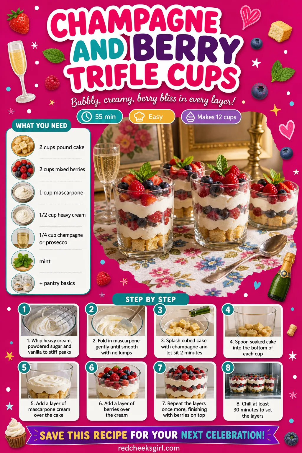 Champagne and Berry Trifle Cups Recipe Card printable sheet. Bridal shower food