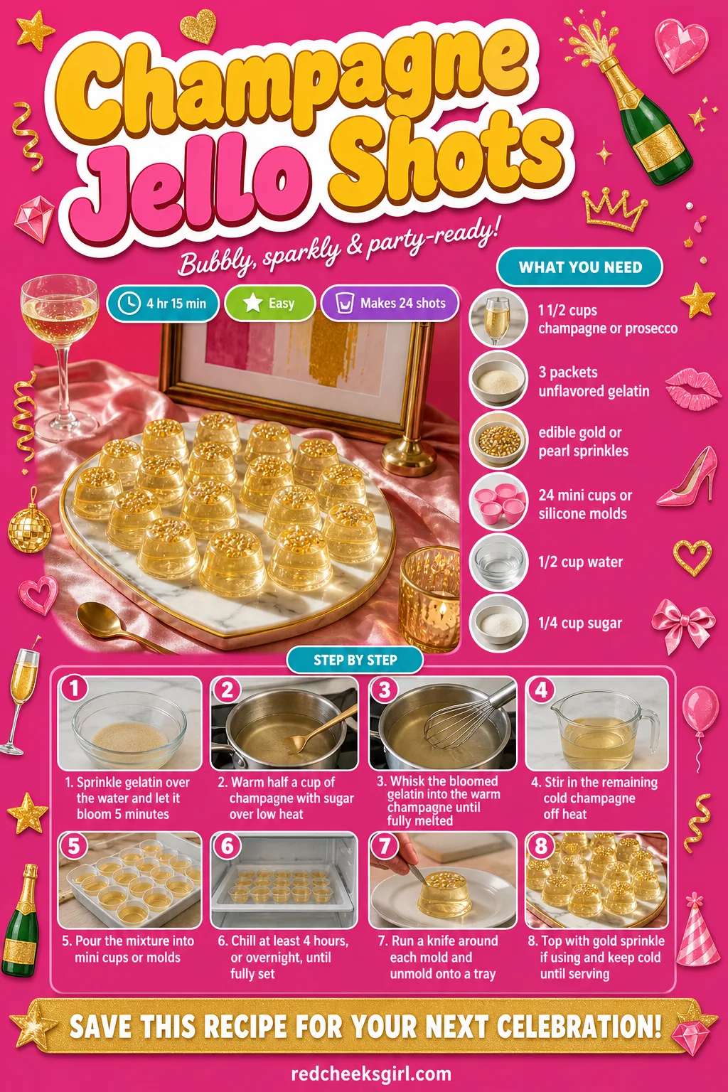 Champagne Jello Shots Recipe Card printable sheet. Bridal shower food