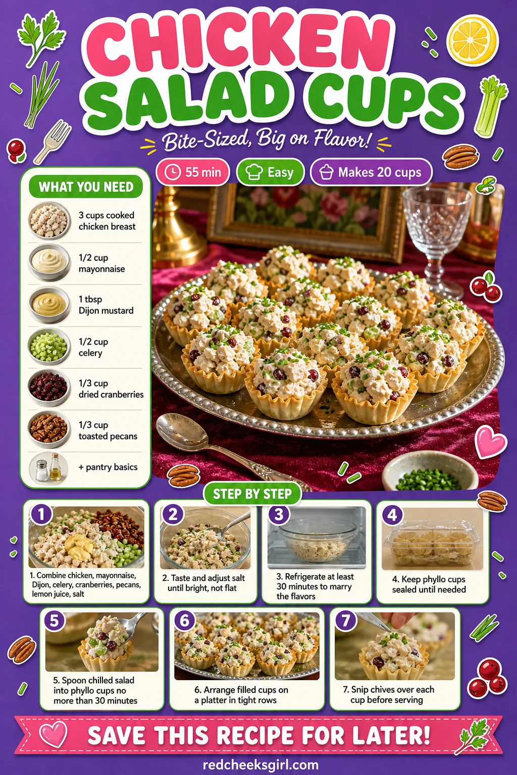 Chicken Salad Cups Recipe Card printable sheet. Bridal shower food