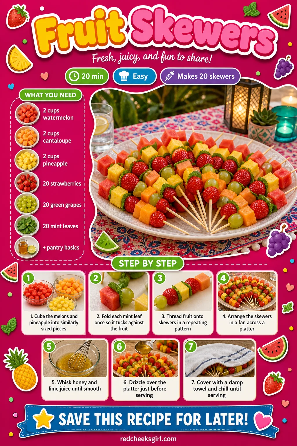 Fruit Skewers Recipe Card printable sheet. Bridal shower food