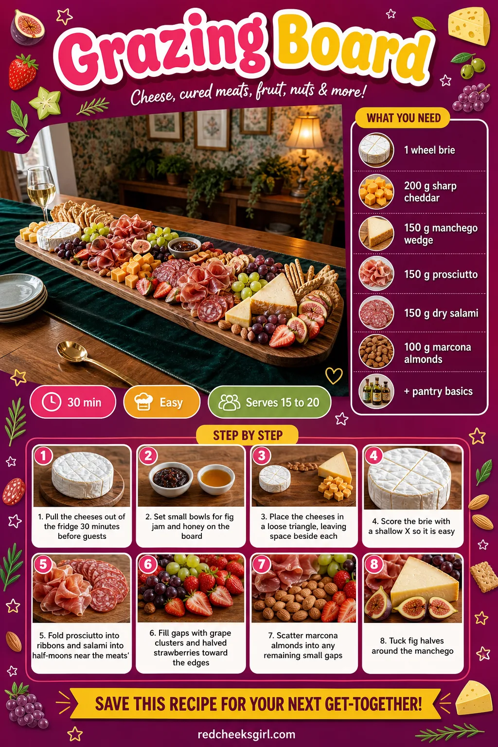 Grazing Board Recipe Card printable sheet. Bridal shower food