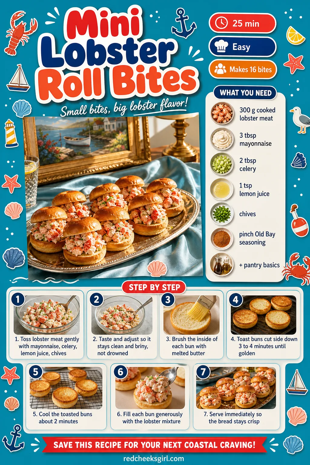 Mini Lobster Roll Bites Recipe Card printable sheet. Bridal shower food