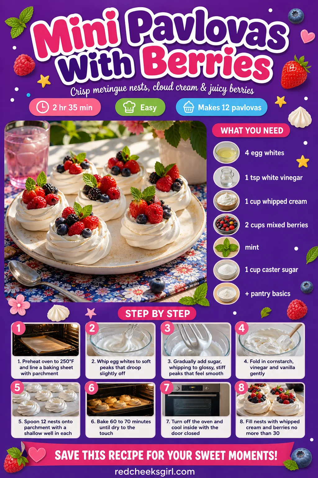 Mini Pavlovas With Berries Recipe Card printable sheet. Bridal shower food