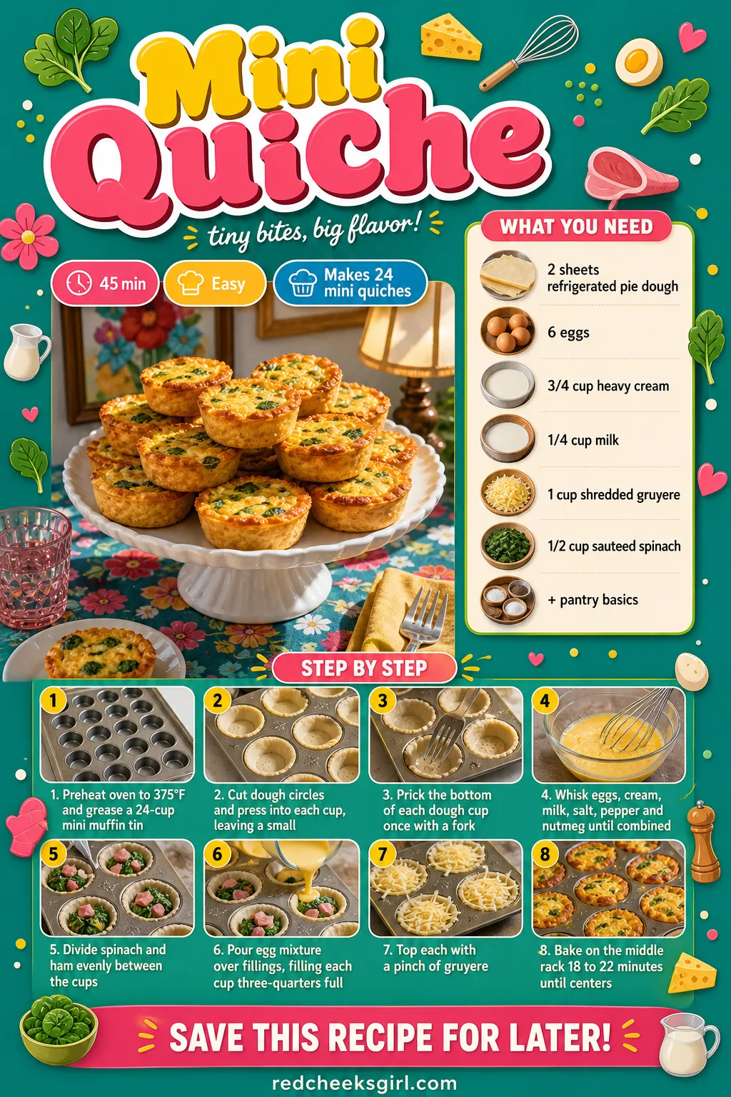 Mini Quiche Recipe Card printable sheet. Bridal shower food