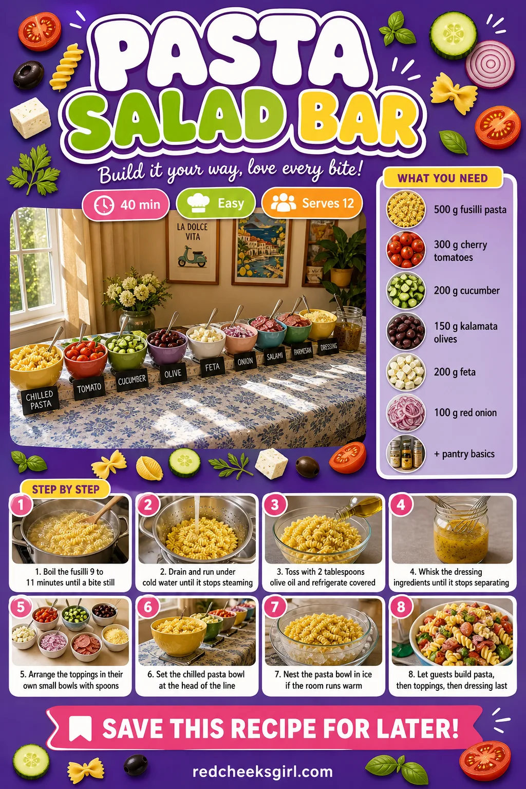 Pasta Salad Bar Recipe Card printable sheet. Bridal shower food