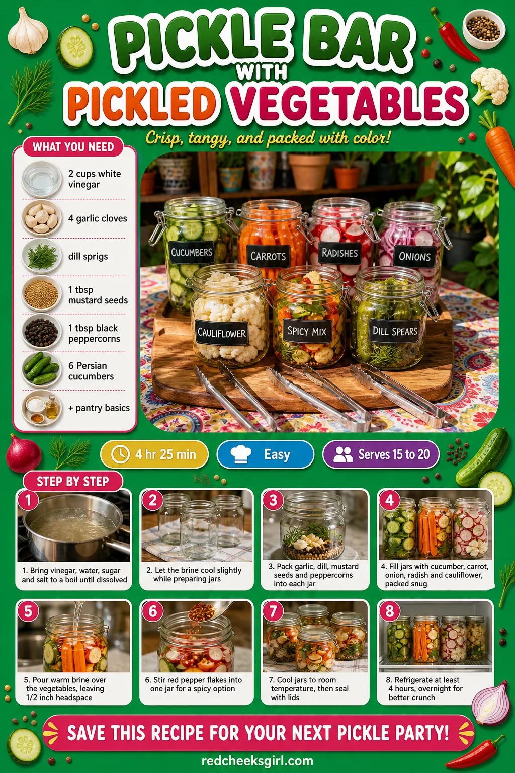 Pickle Bar With Pickled Vegetables Recipe Card printable sheet. Bridal shower food