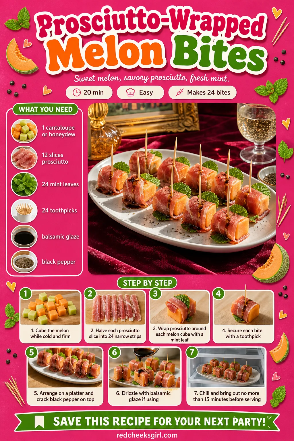 Prosciutto-Wrapped Melon Bites Recipe Card printable sheet. Bridal shower food