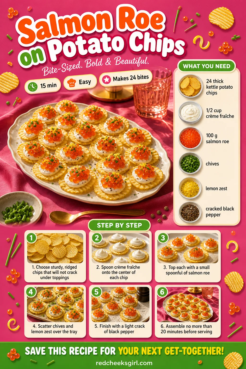 Salmon Roe on Potato Chips Recipe Card printable sheet. Bridal shower food