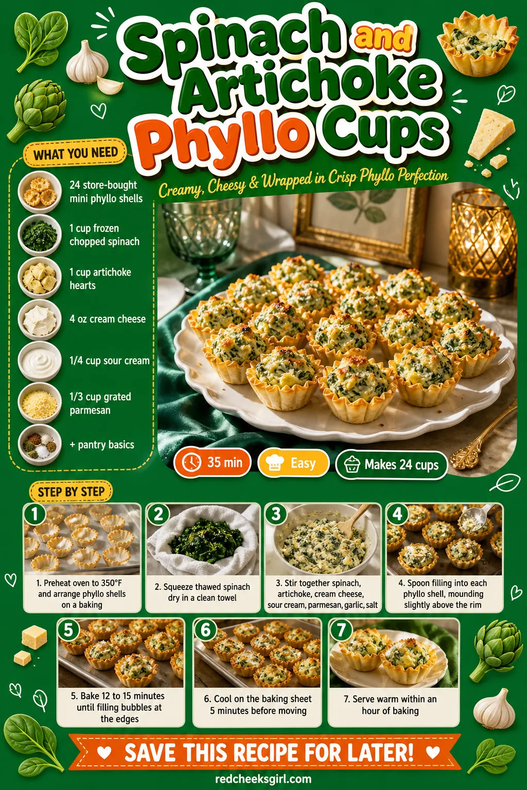 Spinach and Artichoke Phyllo Cups Recipe Card printable sheet. Bridal shower food