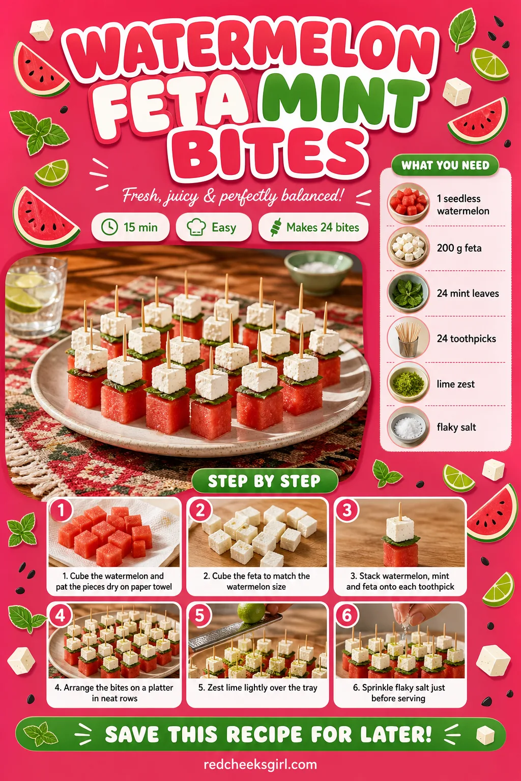 Watermelon Feta Mint Bites Recipe Card printable sheet. Bridal shower food