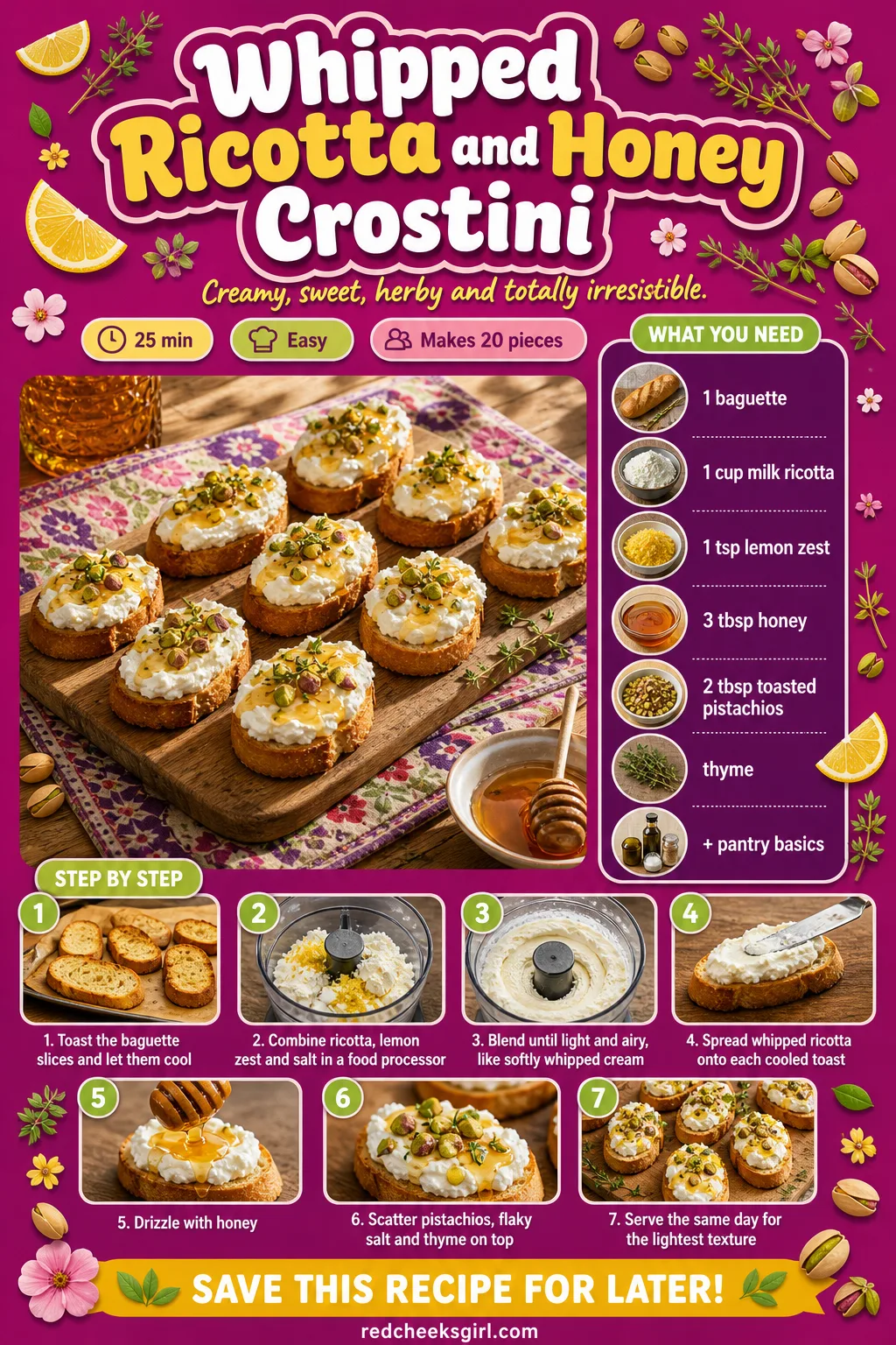 Whipped Ricotta and Honey Crostini Recipe Card printable sheet. Bridal shower food
