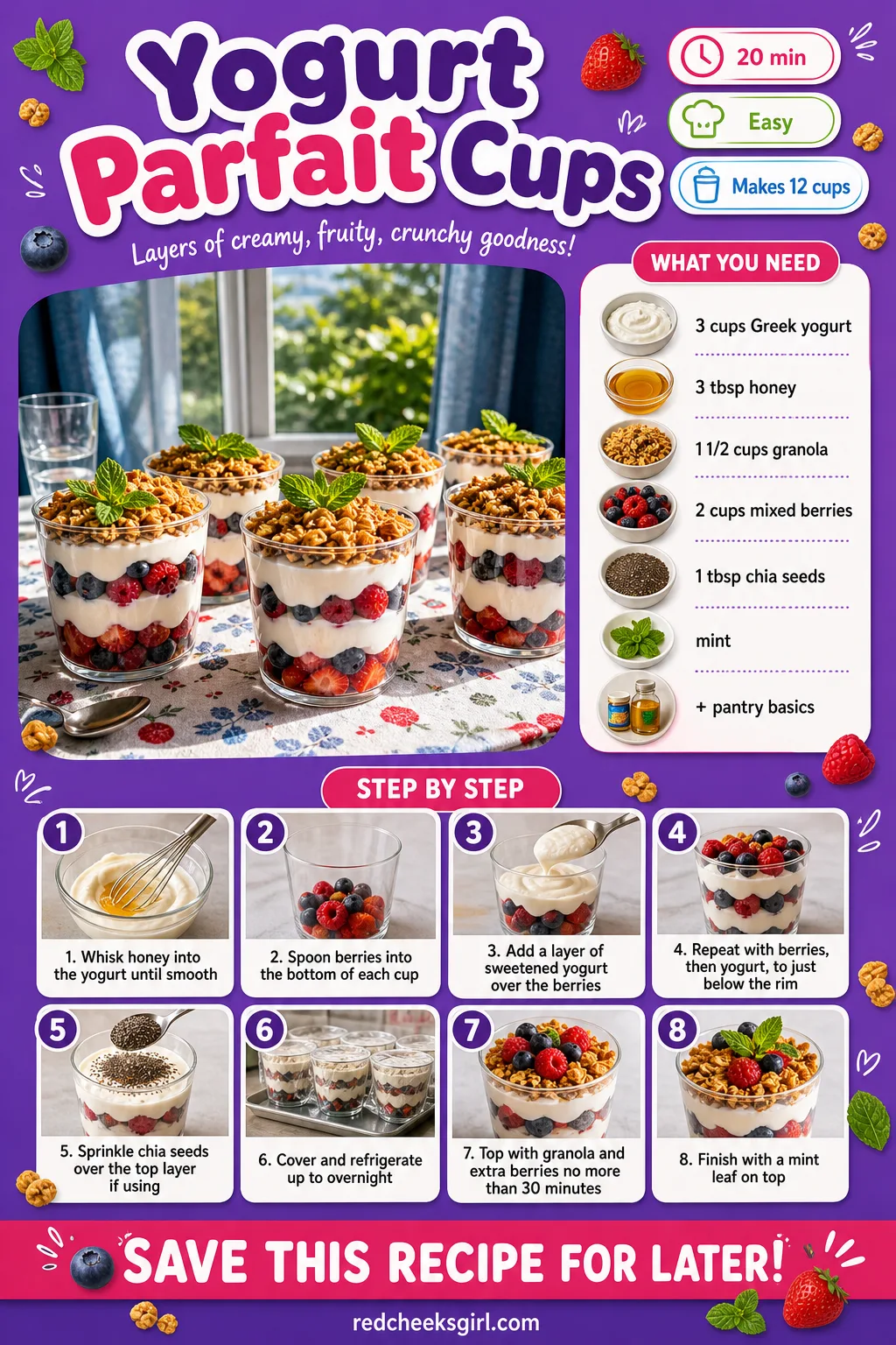 Yogurt Parfait Cups Recipe Card printable sheet. Bridal shower food