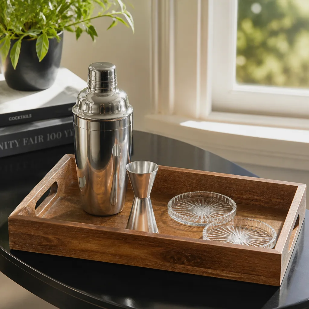 Bar Cart Accessories — A bar cart with nothing on it is just a small table that rolls, which is not much of a conversation piece. Bridal shower gift basket