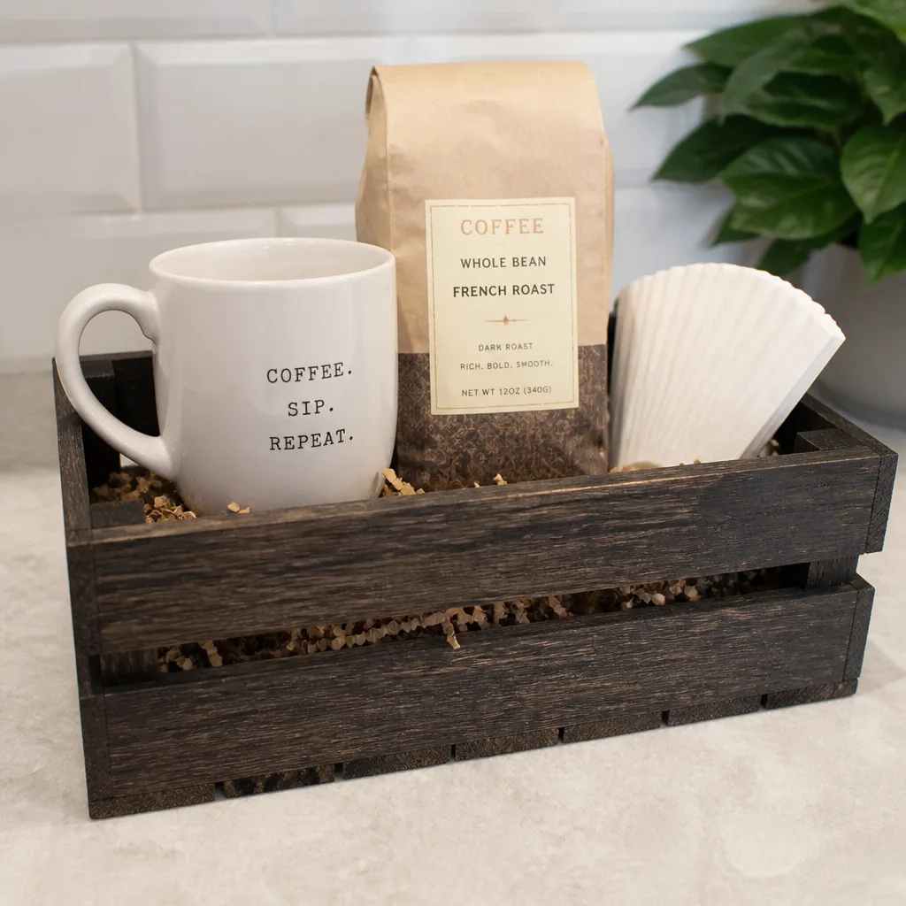 Coffee Gift Basket — The first cup in a new kitchen sets the tone for every morning after it, and a cheap mug does not help. Bridal shower gift basket