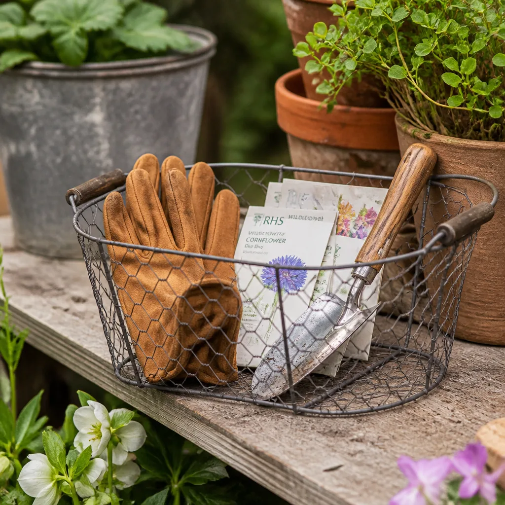 Garden Tool Basket — A first garden, even a few pots on a balcony, needs tools that are not borrowed from a neighbor. Bridal shower gift basket