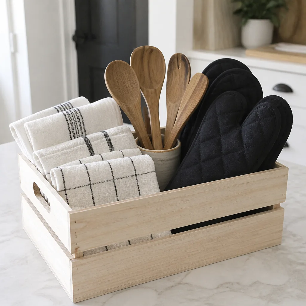 Kitchen Starter Basket — She already owns a kitchen, technically, it just belongs to whoever lived there first and still has their roommate's mismatched pans