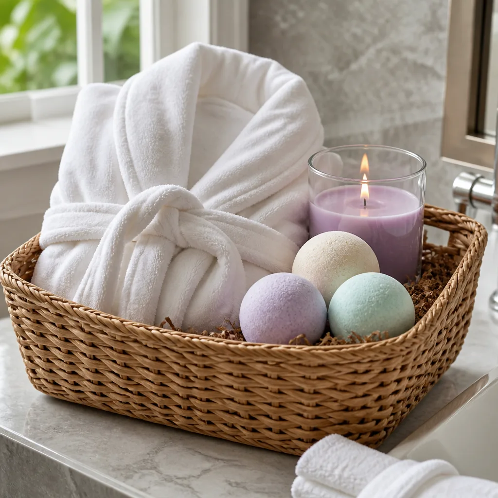 Spa Gift Basket — Wedding planning leaves her shoulders somewhere near her ears, and a candle alone will not fix that. Bridal shower gift basket