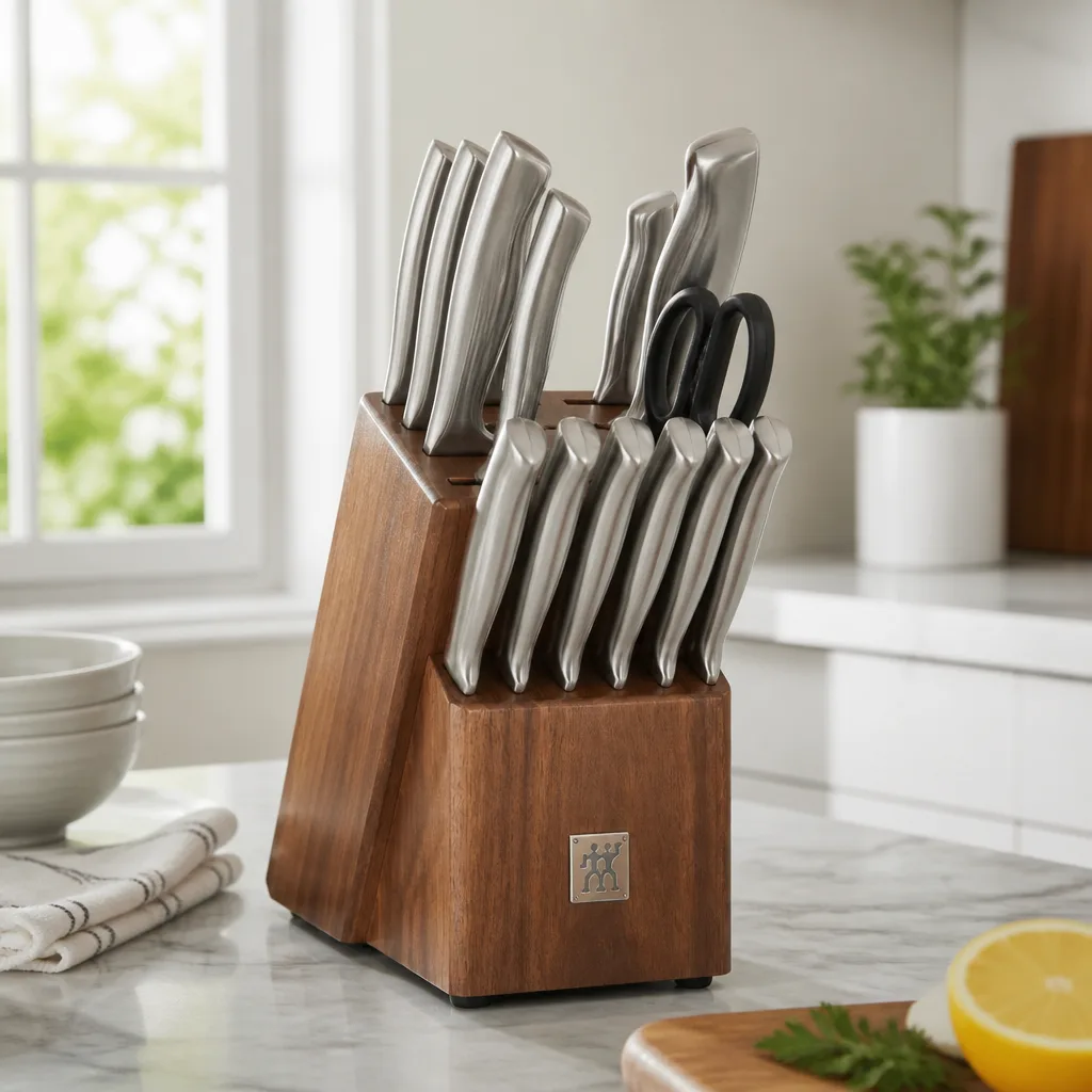 Knife Block Set — Somewhere in her current drawer is one good knife and four that bend the tomato instead of cutting it, and dinner prep takes twice as long