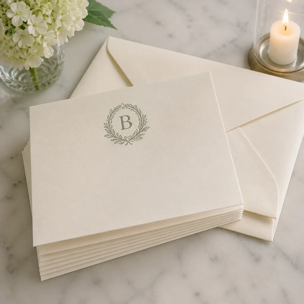 Monogram Stationery Set — Thank-you cards for the wedding itself are coming, whether she has thought about it yet or not, and generic cards from the drugstore