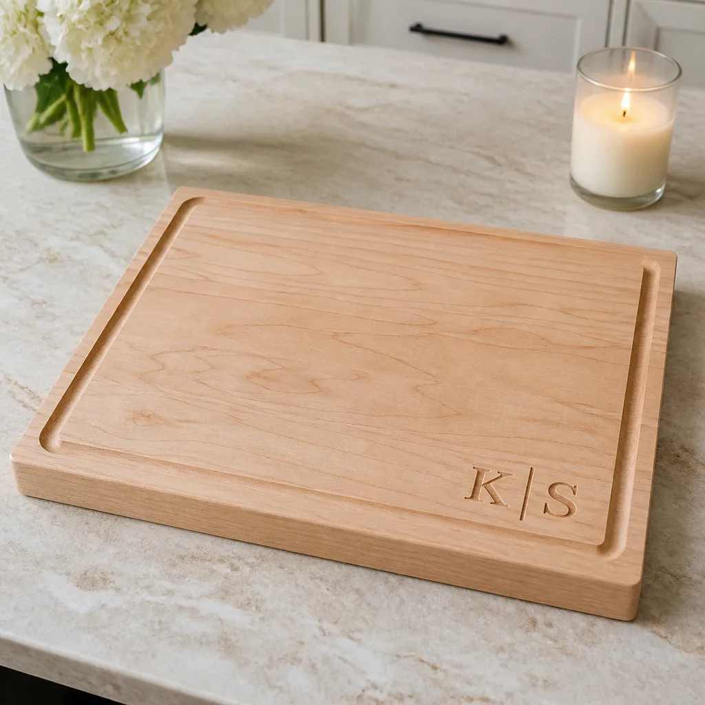 Personalized Cutting Board — Her current cutting board is warped and stained, the kind of thing she would never buy herself but also never quite replaces.