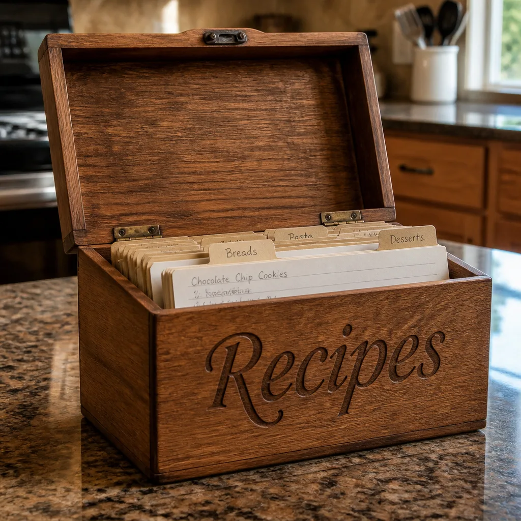 Recipe Box Filled With Family Recipes — Somewhere a grandmother's handwriting on a recipe card is slowly fading, and nobody has copied it down anywhere safe.
